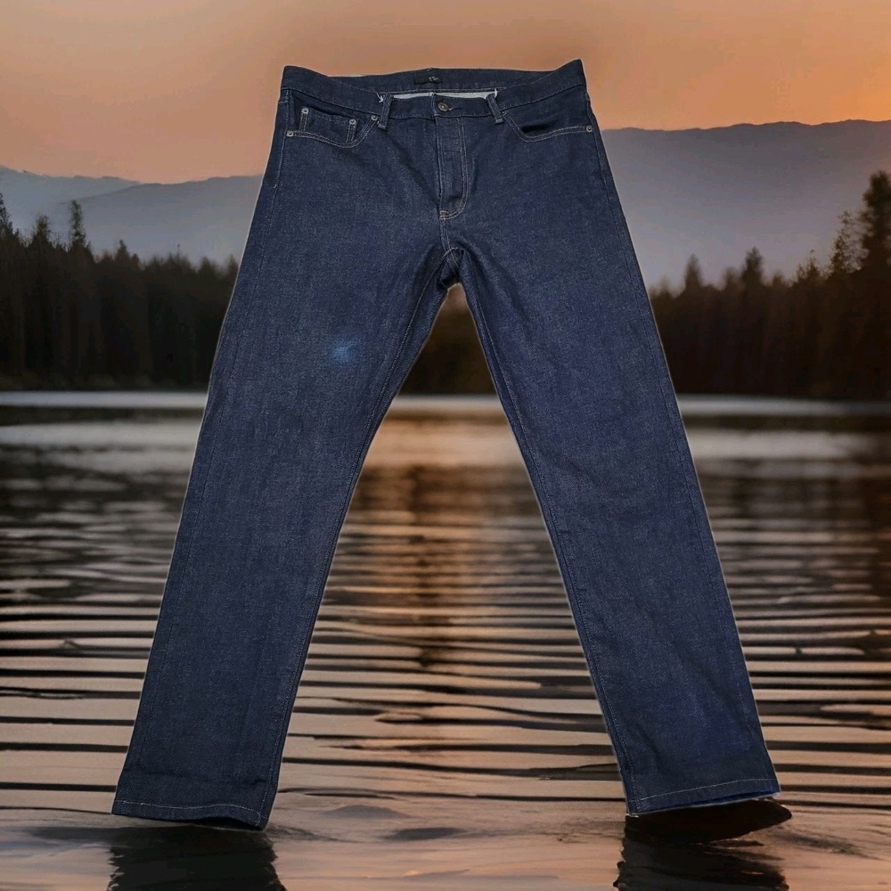 👖UNIQLO Jeans Men 35x30 Selvedge Slim Straight Dark Wash Kaihara Stretch Denim